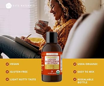 Kate Naturals Organic Sunflower Lecithin Liquid For Brownies, Gummies And Cooking (4Oz) Vegan & Gluten Free. Organic Liquid Lecithin Sunflower For Lactation Supplement, Baking, And Smoothies