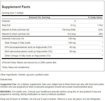 Swanson Cod Liver Oil - Wellness Supplement Promoting Bone, Skin Health, Vision Support & Immune System Function - Natural Formula With High Absorption Vitamin A - (250 Softgels, 700Mg Each)