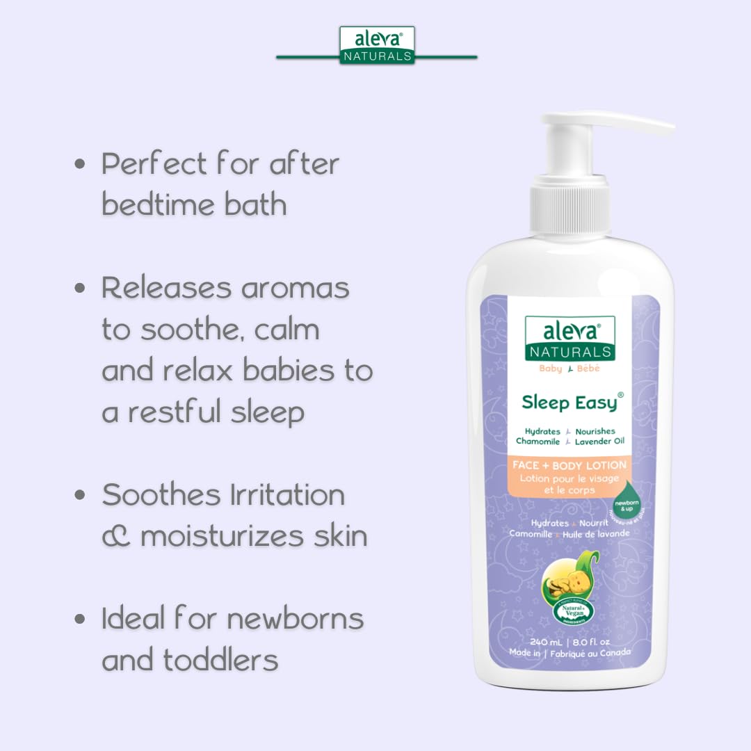 Aleva Naturals Sleep Easy Calming Relaxing Bedtime Baby Lotion, For Babies And Toddlers, Enriched With Lavender And Chamomile Oils, Sensitive Skin Friendly, Organic Ingredients - 8 Fl Oz