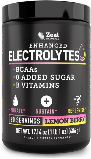 Zeal Naturals Electrolyte Powder Recovery Drink (90 Servings | Lemon Berry) W/ 0 Sugar +Bcaas +B-Vitamins Electrolyte Supplement W Potassium Zinc & Magnesium For Hydration - Keto Electrolytes