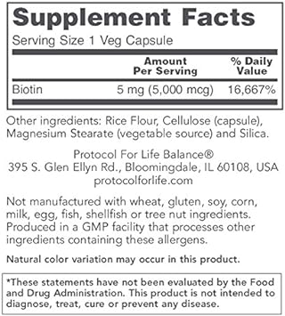 Protocol Biotin 5,000mcg - Vitamin B7 Supplement - Hair, Skin, Nails Support* - for Carb Metabolism & Cell Growth* - Biotin Vitamin B Capsules - 90 Veg Caps : Health & Household