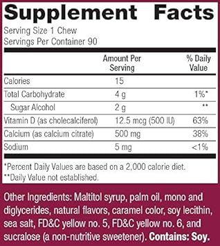 Bariatric Advantage Calcium Citrate Chewy Bites 500mg with Vitamin D3 for Bariatric Surgery Patients Including Gastric Bypass and Sleeve Gastrectomy, Sugar Free - Caramel Flavor, 90 Count : Health & Household