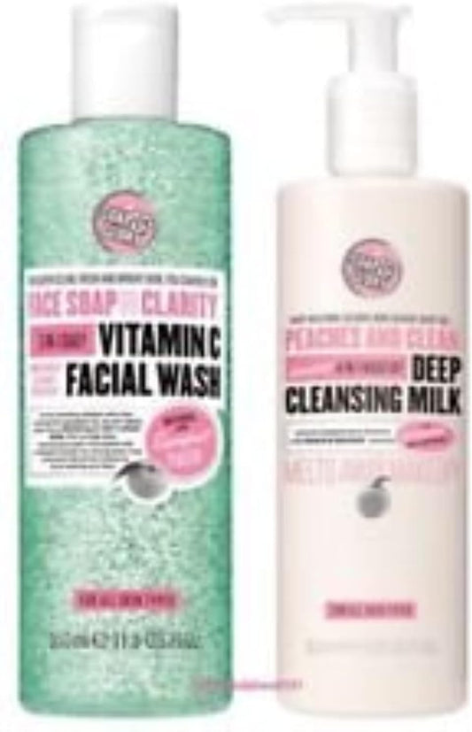 (2 Pack) Soap & Glory Face Soap & Clarity 3-In-1 Daily Detox Vitamin C Facial Wash X 350Ml & Soap & Glory Peaches & Clean 4-In-1 Wash-Off Deep Cleansing Milk X 350Ml