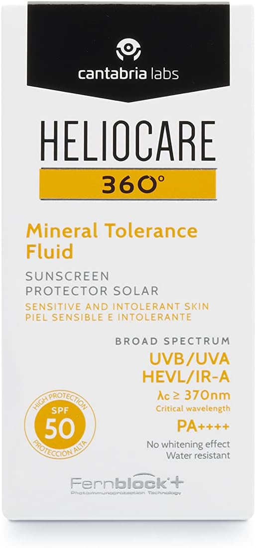 Heliocare 360 Mineral Tolerance Fluid Spf50 50Ml / Mineral Sunscreen For Face/Daily Uva Uvb Visible Light And Infrared-A Hypoallergenic Sun Protection/Silky Transparent Finish, White