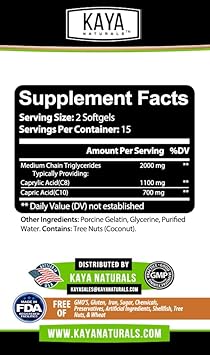 Kaya Naturals Mct Oil 2000Mg - Non-Gmo, Soy Free, Gluten Free - Supports Healthy Brain - Assists Functional Digestions & Supports Healthy Skin - 30Ct