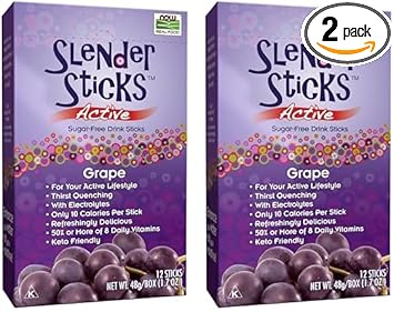 Now Foods, Slender Sticks, Grape Flavor, Sugar-Free Drink Sticks With Electrolytes For Your Active Lifestyle, 10 Calories/Stick, 12/Box (Pack Of 2)