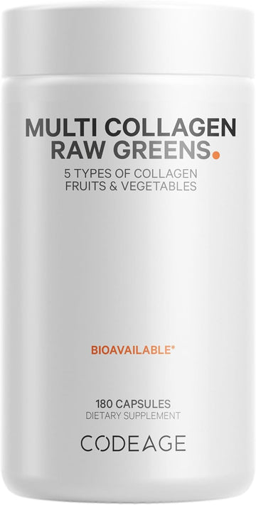Codeage Multi Collagen Protein + Organic Raw Greens Superfood Capsules Supplement, 21 Fruits & Veggies, Grass-Fed Hydrolyzed Collagen Peptides, 5 Types All-In-One, 180 Count