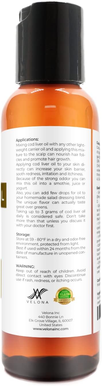 velona Cod Liver Oil - 2 oz | 1,000A/100D IU/g Omega 3 Vitamins A & D3 | Norwegian Arctic Sustainably Sourced Nordic Oil | Hair, Body and Skin Care | Use Today - Enjoy Results : Health & Household