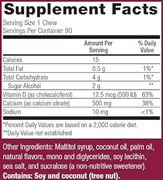 Bariatric Advantage Calcium Citrate Chewy Bites 500 Mg - For Bariatric Surgery Patients - Vitamin D3 - Sugar-Free Chewable Calcium Supplement - Bariatric Calcium Chews - Coconut Flavor - 90 Count