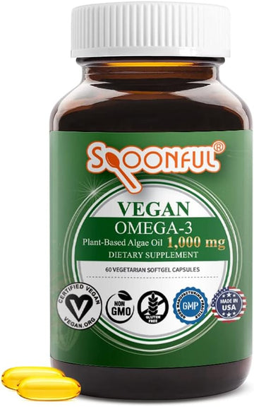 Spoonful Vegan Omega-3 1,000 mg, Plant-Based Algae Oil, Certified Vegan, Gluten-Free, Non-GMO, 60 Vegetarian Softgels, 2 Month Supply, Made in USA