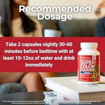 Health Plus Super Colon Cleanse Night Formula Digestive Support | Constipation Relief To Reduce Bloating With Probiotics And Valerian Root For Sleep | More Than 1 Cleanse, 60 Capsules