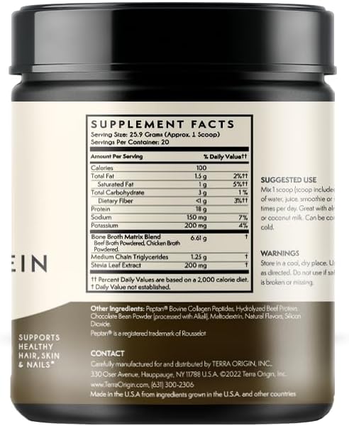 Terra Origin Collagen Protein Bone Broth Powder, Natural Collagen From Real Whole Food Sources With 17G Protein, For Hair, Skin, Nail And Joint Support, 20 Servings, Chocolate