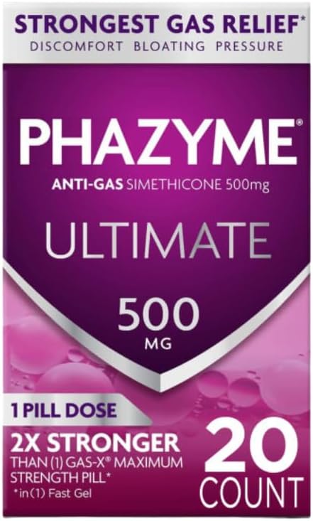 Phazyme Ultimate Gas Bloating Relief Works In Minutes 500 Mg Simethicone Fast Gels 20 Count (Pack Of 2)