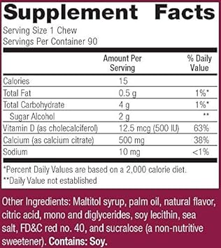 Bariatric Advantage Calcium Citrate Chewy Bites 500mg with Vitamin D3 for Bariatric Surgery Patients Including Gastric Bypass and Sleeve Gastrectomy, Sugar Free - Raspberry Flavor, 90 Count : Health & Household
