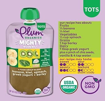 Plum Organics Mighty Morning Organic Toddler Food - Banana, Kiwi, Spinach, Greek Yogurt, and Barley - 4 oz Pouch - Organic Fruit and Vegetable Toddler Food Pouch : Everything Else