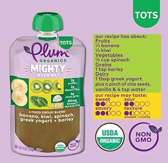 Plum Organics Mighty Morning Organic Toddler Food - Banana, Kiwi, Spinach, Greek Yogurt, and Barley - 4 oz Pouch (Pack of 12) - Organic Fruit and Vegetable Toddler Food Pouch : Everything Else