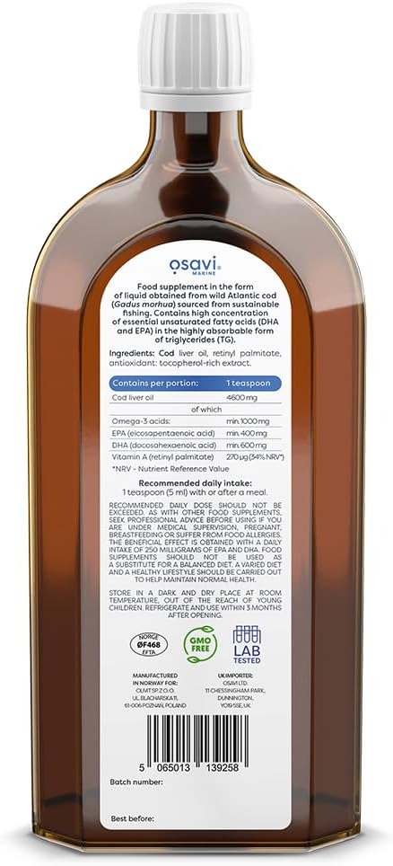 Osavi Norwegian Cod Liver Oil 1000 mg Omega 3 β 500 ml | Unflavoured | DHA & EPA for Brain, Heart & Vision Health | Supports Immune Function | Sourced from Wild Atlantic Cod with Sustainable Practices : Amazon.co.uk: Health & Personal Care