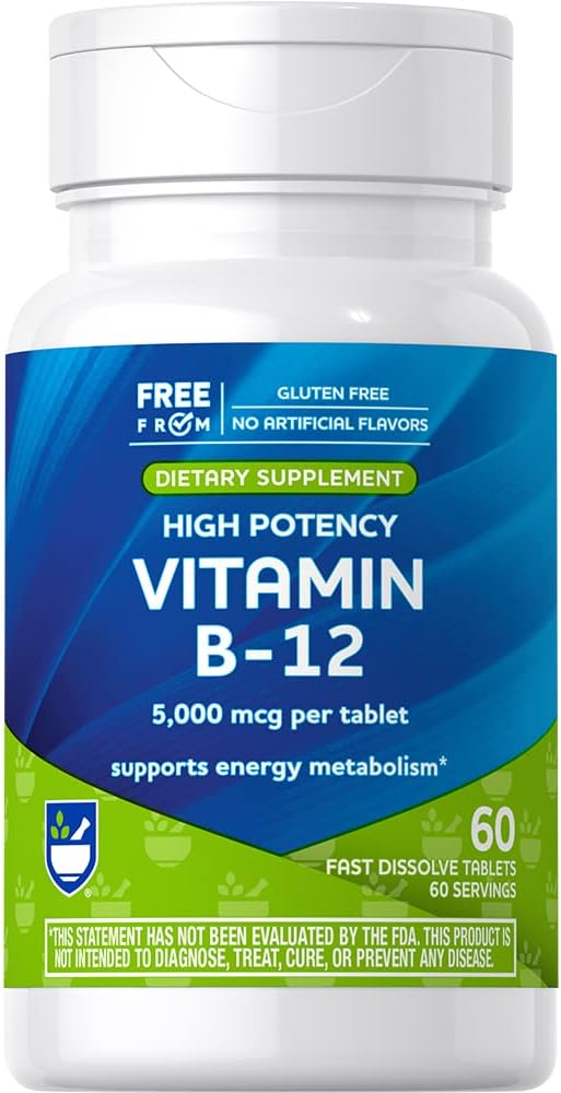Rite Aid B-12 5000mcg 60 Count, Supports Energy Metabolism and Nervous System Health, for Men and Women : Health & Household