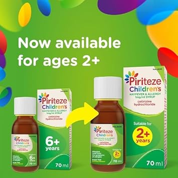 Piriteze Children’S Hayfever & Allergy Syrup. Sugar Free, Banana Flavour Syrup Containing Cetirizine (Antihistamine), 2 Years+, 70Ml | Packaging May Vary