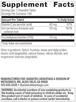 Bariatric Advantage Chewable Iron 29 Mg - For Bariatric Surgery Patients - Iron With Vitamin C - No Iron Taste - Ferrous Fumarate & Carbonyl Iron Supplement - Passion Fruit - 180 Count