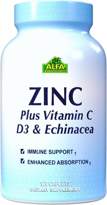 Zinc + Vitamin C, D & Echinacea Powerful Formula - Immune Support - Enhanced Absorption - 120 Caplets