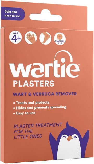 Wartie Plasters - Verruca & Wart Remover - Protect, Treat And Prevent - Easy Wart And Verruca Treatment For Hands And Feet - Prevent Spreading Warts - Safe For Adults And Children Aged 4+ - Pack Of 15