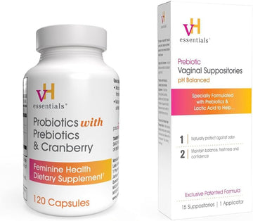 Vh Essentials Probiotics With Prebiotics And Cranberry Feminine Health Supplement - 120 Capsules (544-36) & Prebiotic Ph Balanced Vaginal Suppositoriesbox, Original Version, 15 Count