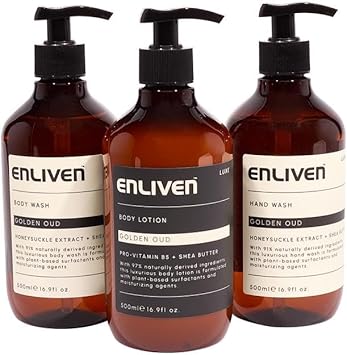 Enliven Luxe Golden Oud Handwash, Shower Gel & Body Lotion Bundle - 500Mlx3 Toiletries Set - Luxury Hand Wash, Body Moisturiser & Shower Gel - Bath & Shower Bundle