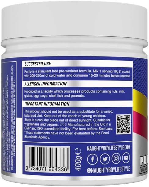 Naughty Boy Cell Swell Technology, Non Stimulant Pre Workout - Pump, Performance & Focus. L-Citrulline 6g, Beta Alanine 3.2g and Added Arginine, 400g - 25 Servings (Candy Bubblegum) : Amazon.co.uk: Health & Personal Care