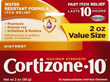 Cortizone-10 Maximum Strength Water Resistant Itch Relief Ointment, 1% Hydrocortisone, Fast-Acting, Anti-Itch Cream For Bug Bites, Rash, Eczema, Psoriasis, Poison Ivy, Oak, Sumac & More, 2 Oz