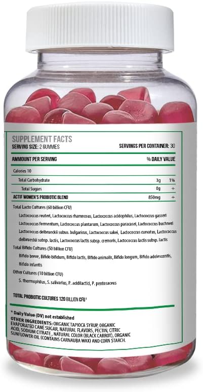 Actif Women’S Probiotic Gummies Maximum Strength With 120 Billion Cfu And 25 Strains, Immunity And Gut Support, 100% Vegan Non-Synthetic Formula - Made In The Usa, 60 Gummies, Strawberry Flavor