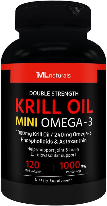 Krill Oil Mini Omega-3 1000 Mg, 120 Softgels, Easy To Swallow, Odor-Free And Burp-Free, Epa 130 Mg/Dha 65 Mg/Phospholipids 400 Mg/Astaxanthin 400 Mcg, Joint & Brain Health