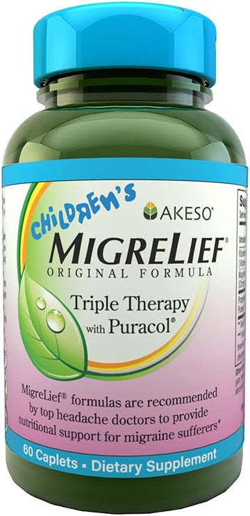 Children'S Migrelief® - Triple Therapy With Puracol™ - Nutritional Support For Pediatric Migraine Sufferers - 60 Caplets/1 Month Supply