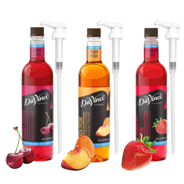 Davinci Gourmet Sugar Free Syrup Bundle With Sugar Free Cherry, Sugar Free Peach, And Sugar Free Strawberry Flavors 25.4 Fl Oz - Includes 3 Syrup Pumps