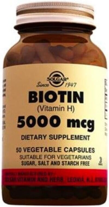 Solgar Biotin 5000 Mcg - 50 Vegetable Capsules - Supports Healthy Skin, Nails & Hair - Non-Gmo, Vegan, Gluten Free, Dairy Free, Kosher - 50 Servings