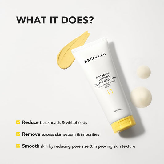 Skin&Lab Porebarrier Purifying Clay Mask To Foam | Yellow Clay And Caffeine | Remove Sebum And Impurities | Cleansing | 3.38 Fl. Oz