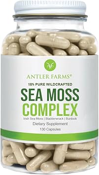 Antler Farms – 100% Pure Sea Moss Complex, 130 Capsules, Wildcrafted Irish Sea Moss, Bladderwrack, And Burdock Root – A Potent Blend For Wellness, Vegan-Friendly, Gluten, Soy, And Dairy Free