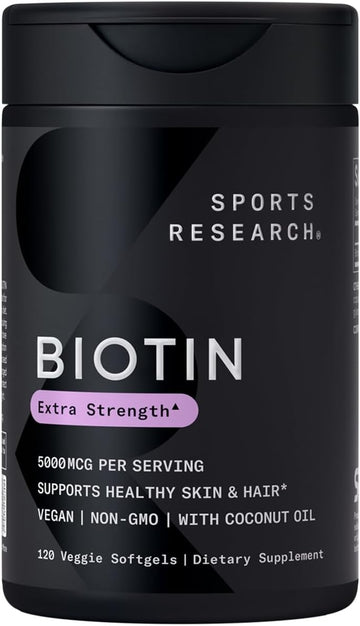 Sports Research Vegan Biotin 5000Mcg With Organic Coconut Oil - Extra Strength Biotin Vitamin B7 For Healthier Hair & Skin + Keratin Support - Non-Gmo & Gluten Free, 120 Softgels (4 Month Supply)