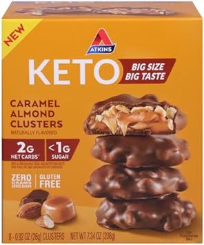 Atkins Caramel Almond Clusters, Gluten Free, High In Fiber, 1G Sugar, 2G Net Carb, Keto Friendly, 8 Count