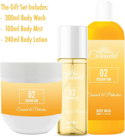 Amour De Carnaval - Golden Sun - Body Trio Set - Caramel & Pistachio - Body Wash 300Ml, Body Mist 100Ml, Body Lotion 240Ml