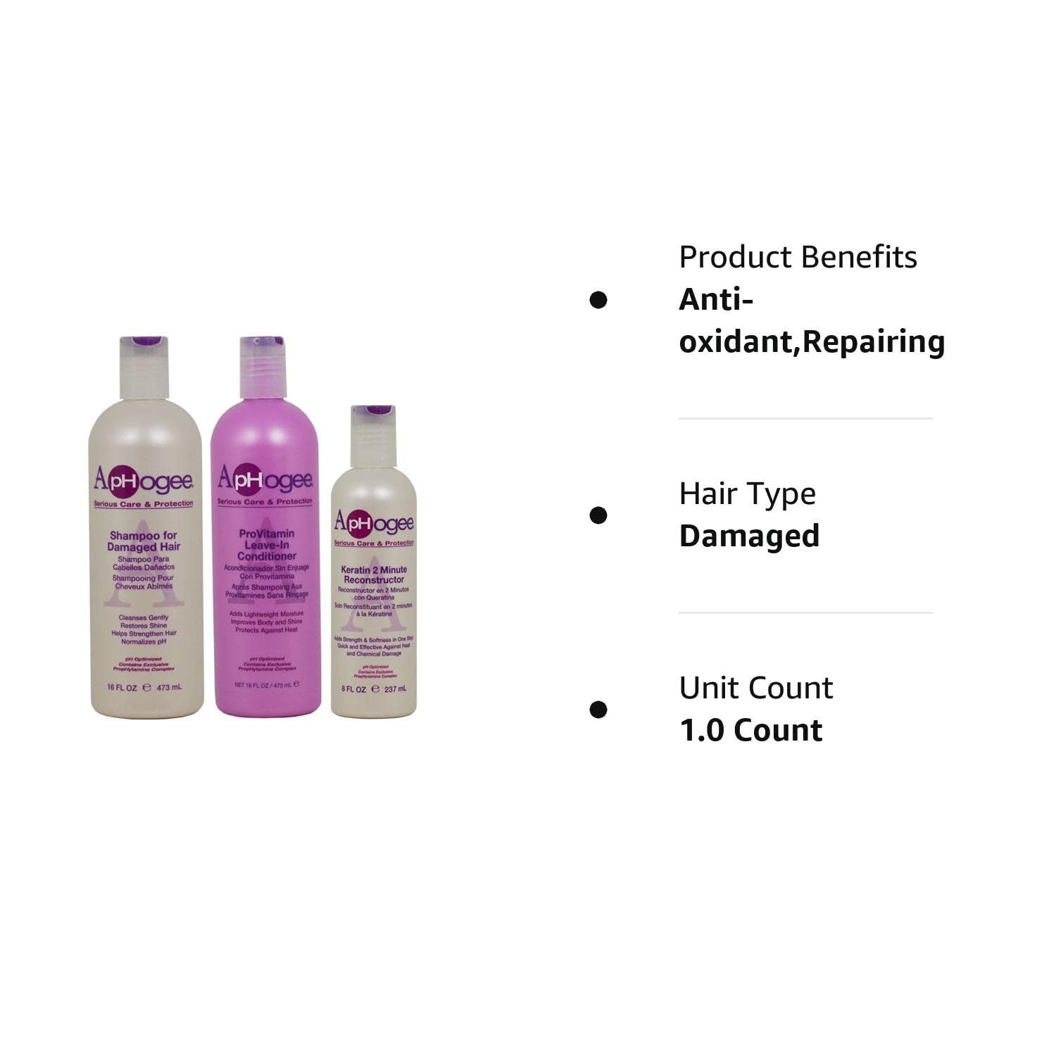 Aphogee Shampoo For Damaged Hair 16 Fl Oz, Provitamin Leave-In Conditioner 16 Fl Oz, Keratin 2 Minute Reconstructor 8 Fl Oz Set