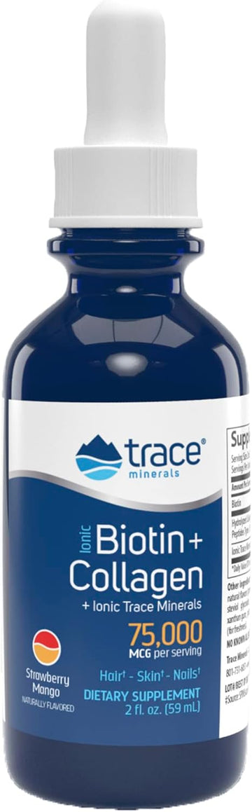 Trace Minerals | Liq Ionic Biotin + Collagen (75,000Mcg) | Bioavailable With Full Spectrum Ionic Supports Hair, Skin & Nails | Natural Strawberry Mango, Sugar Free | 29 Servings