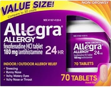 Allegra Adult 24 Hour Allergy Tablets, 180Mg, Noticeable Relief In 1 Hour, (70 Count ) : Health & Household