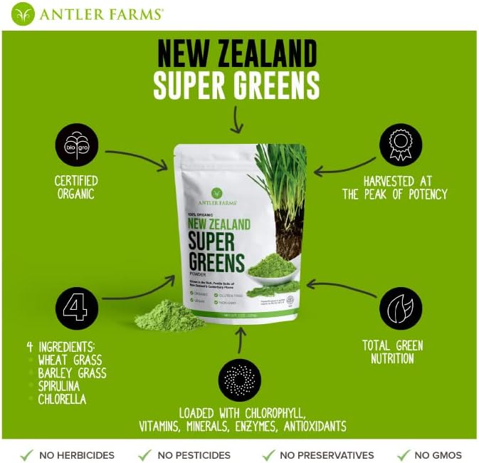 Antler Farms - 100% Pure Organic New Zealand Super Greens Powder, 40 Servings, 200g - Wheat Grass, Barley Grass, Chlorella, Spirulina - Vegan, Gluten Free, Chlorophyll Rich, for Energy and Detox : Health & Household