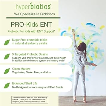 Hyperbiotics Ent Probiotic For Kids | Vegan Kids Probiotic For Ears, Nose & Throat | Strawberry Vanilla Flavored Chewable Probiotic | Digestive Health & Immune Support | Sugar Free | 45 Count