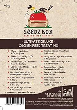 Chicken Food Treat Mix 4Kg - Seedzbox Deluxe Poultry Chicken Feed - Natural Treats For Hens And Roosters - Poultry Grit Millet And Wheat - Encourages Ground Scratching - High In Protein And Fibre