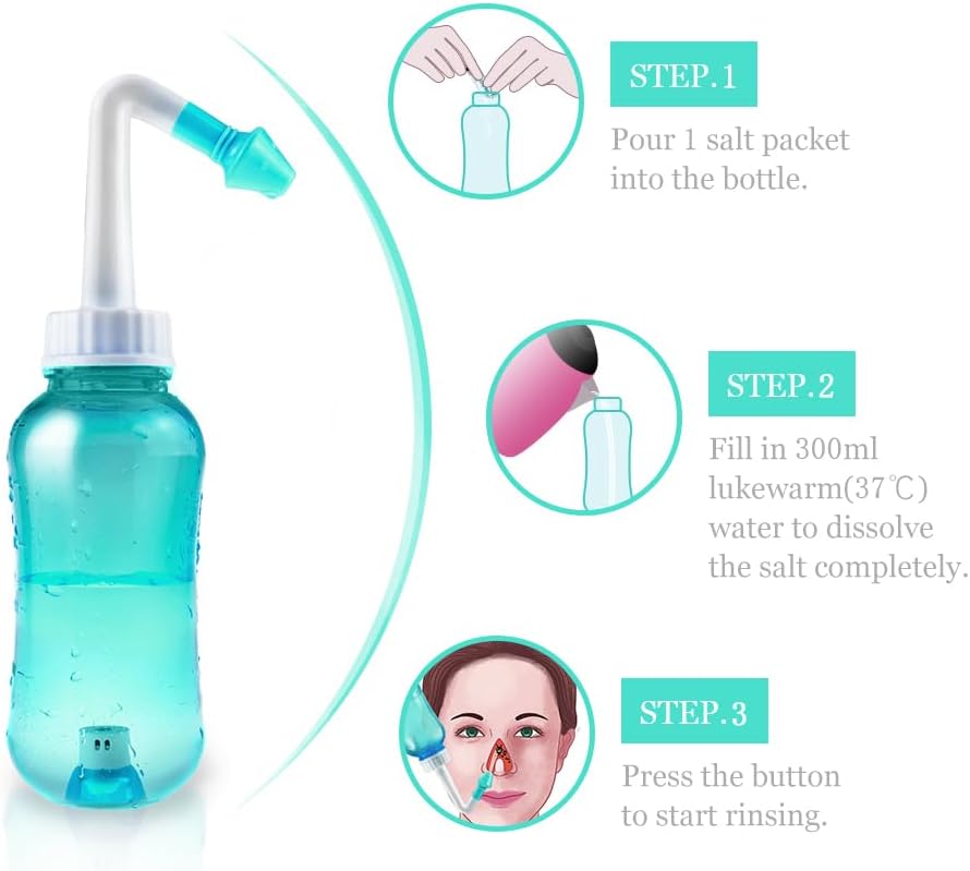 Waterpulse Neti Pot Sinus Rinsing,Nasal Wash Bottle Sinus Rinsing Bottle Cleaner Pressure Irrigation Neti-Pot With Sticker Thermometer For Adult & Kid (300Ml With 30 Nasal Wash Salt Packets,Blue) : Health & Household