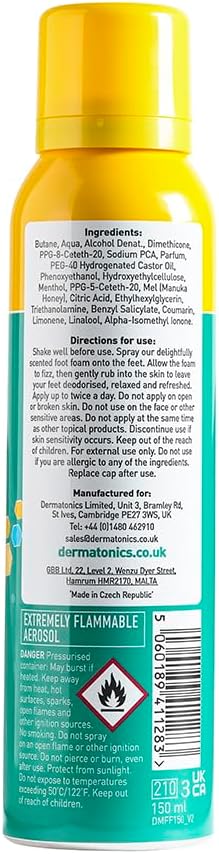 Dermatonics Deodorising Fizzy Foot Foam - Refreshing Formula with Menthol and Manuka Honey for Long-lasting Comfort | Instantly Cools and Soothes Hot and Tired Feet | 150 ml : Amazon.co.uk: Beauty