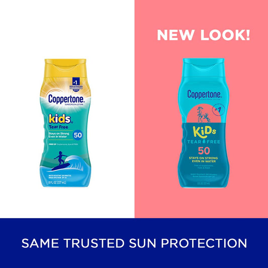 Coppertone Kids Sunscreen Lotion SPF 50, Water Resistant Sunscreen for Kids, #1 Pediatrician Recommended Sunscreen Brand, Tear Free Sunscreen Lotion, 8 Fl Oz Bottle