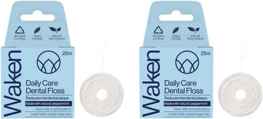Waken, 25M Peppermint Dental Floss, 100% Natural Flavor, Reduces Plaque And Gum Disease, Clinically Tested, Vegan Floss, Eco-Friendly, Sustainable Packaging, 100% Recyclable, White. (Pack Of 2)